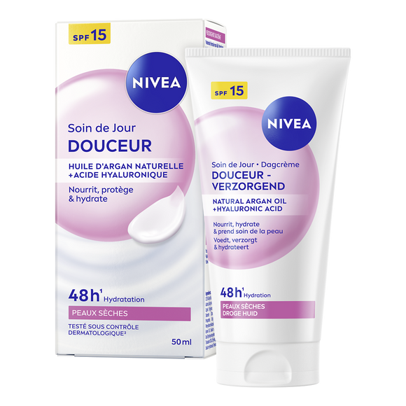 Soin de jour nutritif pour le visage confort SPF15 pour peaux sensibles et sèches NIVEA, tube de 50ml