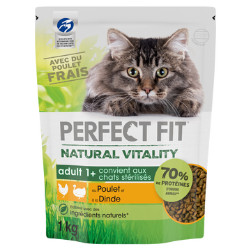 Croquettes chat stérilisé Natural Vitality poulet et dinde PERFECT FIT- 1kg