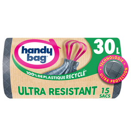 Sacs poubelle poignées coulissant ultra résistant 80% recyclés HANDYBAG 30L x15