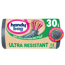 Sacs poubelle poignées coulissant ultra résistant 80% recyclés HANDYBAG 30L x15