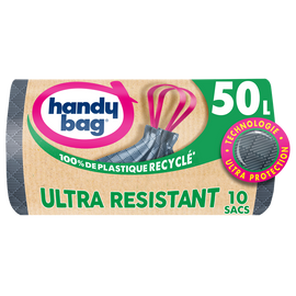 Sac poubelle poignée coulissante ultra résistant 80% plastique recycléHANDY BAG 50L x10