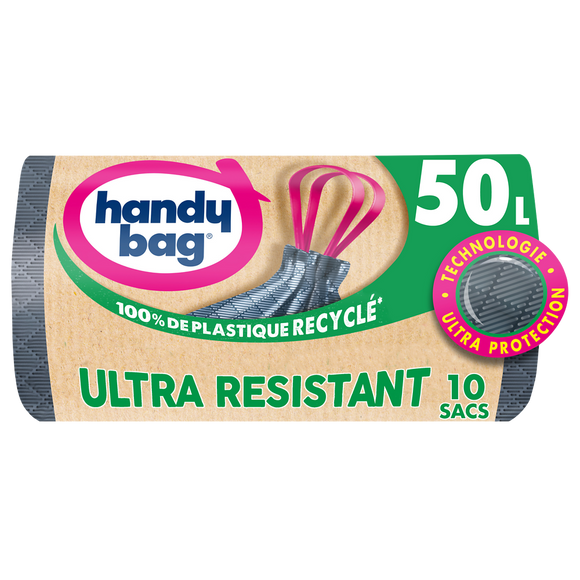Sac poubelle poignée coulissante ultra résistant 80% plastique recycléHANDY BAG 50L x10