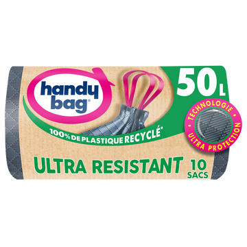 Sac poubelle poignée coulissante ultra résistant 80% plastique recycléHANDY BAG 50L x10