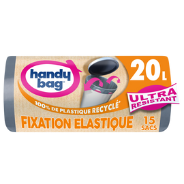 Sacs poubelle poignées fixation élastique 80% plastique recyclés HANDYBAG 20L X15