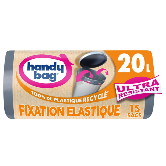 Sacs poubelle poignées fixation élastique 80% plastique recyclés HANDYBAG 20L X15