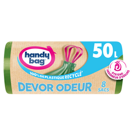 Sacs poubelle poignées coulissantes devor odeur 80% plastiqye recyclésHANDY BAG 50L x8
