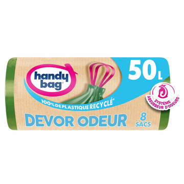 Sacs poubelle poignées coulissantes devor odeur 80% plastiqye recyclésHANDY BAG 50L x8