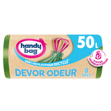 Sacs poubelle poignées coulissantes devor odeur 80% plastiqye recyclésHANDY BAG 50L x8
