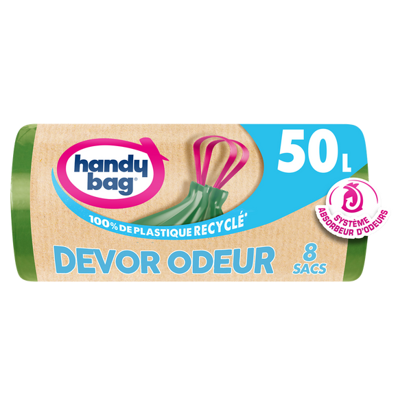 Sacs poubelle poignées coulissantes devor odeur 80% plastiqye recyclésHANDY BAG 50L x8