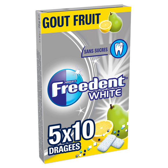 Chewing gum sans sucre fruits FREEDENT White, 5x10 dragées 70g