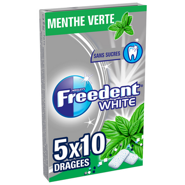 Chewing gum sans sucre menthe verte FREEDENT White, 5x10 dragées 70g