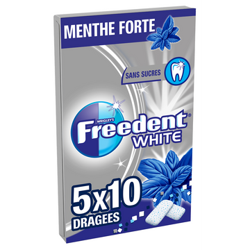 Chewing gum sans sucre menthe forte FREEDENT White, 5x10 dragées 70g