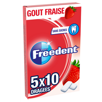 Chewing gum sans sucre fraise FREEDENT, 5x10 dragées 70g