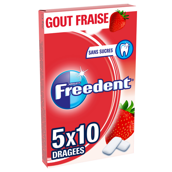 Chewing gum sans sucre fraise FREEDENT, 5x10 dragées 70g