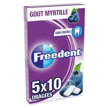 Chewing gum sans sucre myrtille FREEDENT, 5x10 dragées 70g