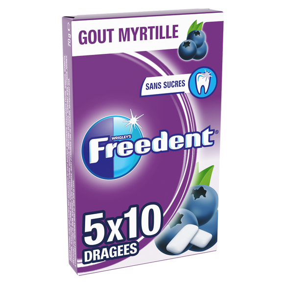 Chewing gum sans sucre myrtille FREEDENT, 5x10 dragées 70g
