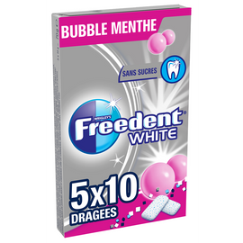 Chewing gum sans sucre bubble menthe FREEDENT White, 5x10 dragées 70g