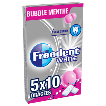 Chewing gum sans sucre bubble menthe FREEDENT White, 5x10 dragées 70g