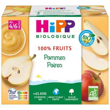 Compote infantile bio 100% Fruits pommes poires HIPP, dès 4/6 mois, 4x400g 400g
