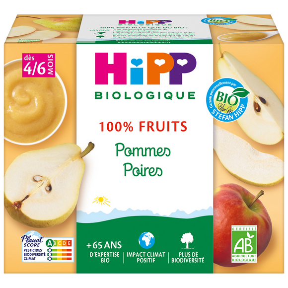 Compote infantile bio 100% Fruits pommes poires HIPP, dès 4/6 mois, 4x400g 400g