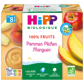 Compote infantile bio 100% Fruits pomme pêche mangue HIPP, dès 8 mois,4x100g