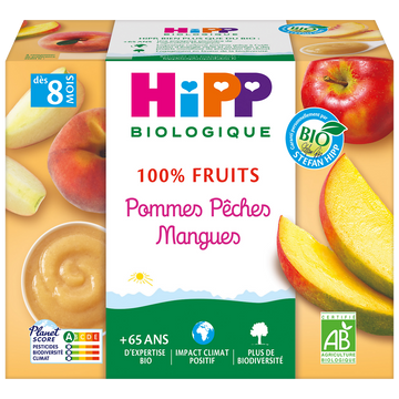 Compote infantile bio 100% Fruits pomme pêche mangue HIPP, dès 8 mois,4x100g