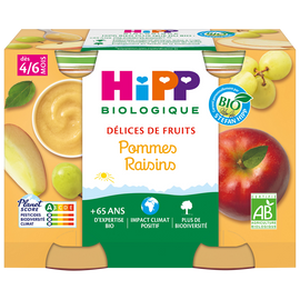 Compote infantile bio Délices de Fruits pomme raisins HIPP, dès 4 mois, 2x190g