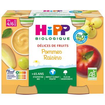 Compote infantile bio Délices de Fruits pomme raisins HIPP, dès 4 mois, 2x190g