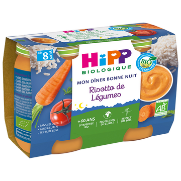 Petit pot bio pour bébé risotto de légumes HIPP, dès 8 mois, 2x190g