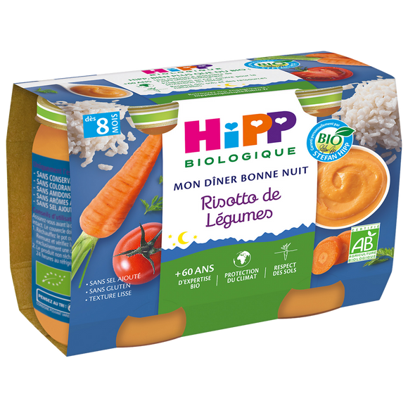 Petit pot bio pour bébé risotto de légumes HIPP, dès 8 mois, 2x190g