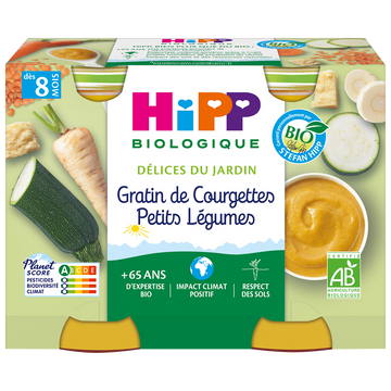 Petit pot bio pour bébé gratin de courgettes et petits légumes HIPP, dès 8 mois, 2 x 190g
