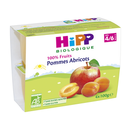 Compote infantile bio 100% Fruits pomme abricot HIPP, dès 4/6 mois, 4x100g 400g