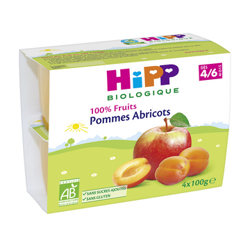 Compote infantile bio 100% Fruits pomme abricot HIPP, dès 4/6 mois, 4x100g 400g
