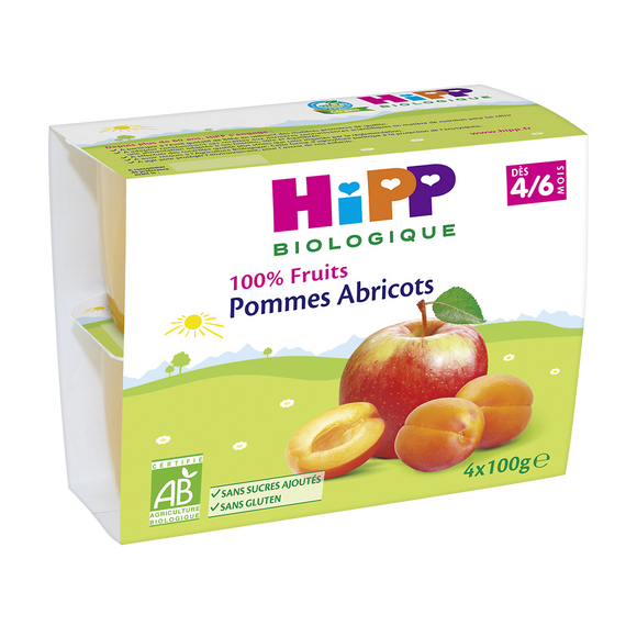 Compote infantile bio 100% Fruits pomme abricot HIPP, dès 4/6 mois, 4x100g 400g