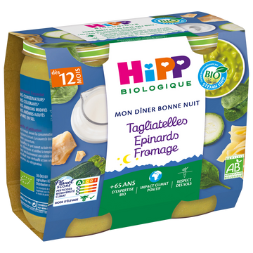 Petit pot bio pour bébé tagliatelles, épinards, fromage HIPP, dès 12 mois, 2x250g