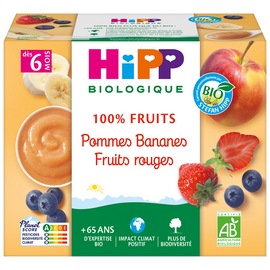 Compote infantile bio pommes bananes fruits rouges HIPP, dès 6 mois, 4x100g