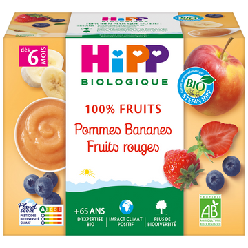 Compote infantile bio pommes bananes fruits rouges HIPP, dès 6 mois, 4x100g