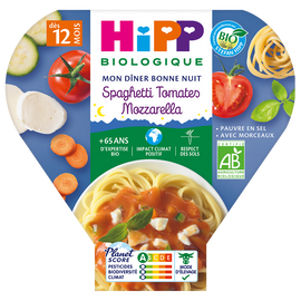 Assiette bio pour bébé spaghetti, tomates et mozzarella HIPP, dès 12 mois, 230g