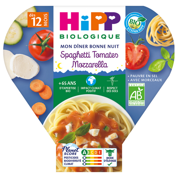Assiette bio pour bébé spaghetti, tomates et mozzarella HIPP, dès 12 mois, 230g
