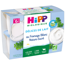 Fromage blanc nature sucré BIO HIPP, dès 6 mois, 4 coupelles de 100g
