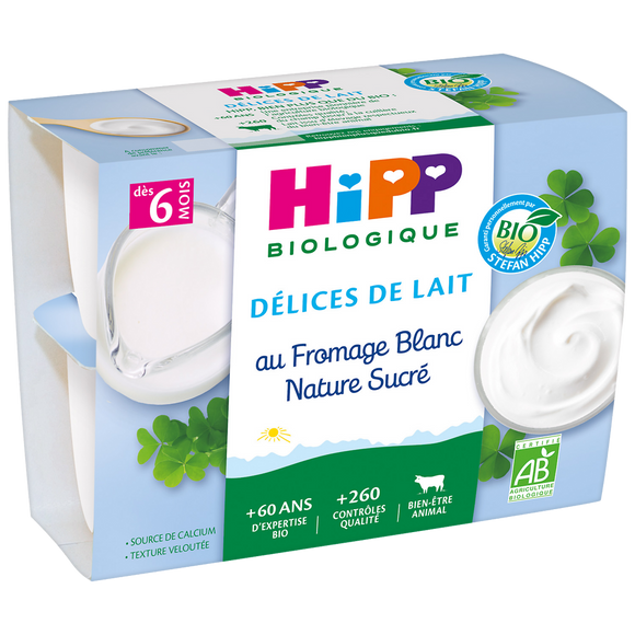 Fromage blanc nature sucré BIO HIPP, dès 6 mois, 4 coupelles de 100g