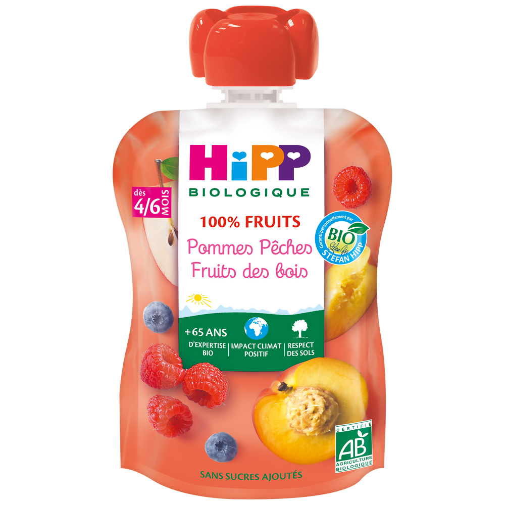 Gourde bio pommes pèches fruits des bois, dès 4/6 mois HIPP, 90g