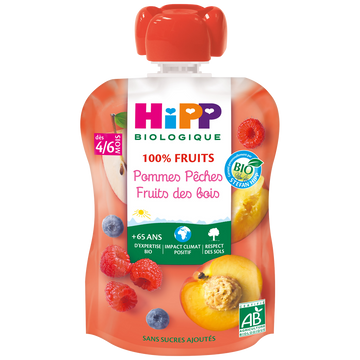 Gourde bio pommes pèches fruits des bois, dès 4/6 mois HIPP, 90g