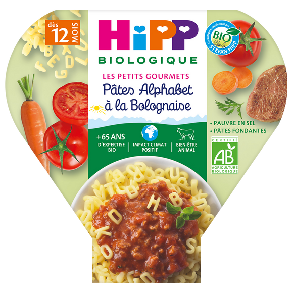Assiette pâtes alphabet à la bolognaise bio HIPP, dès 12 mois, 230g
