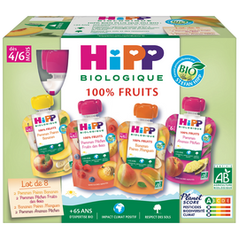 Gourde pommes poires bananes x2 /pommes pêches fruits des bois x2 /bananes poires mangues x2 /pommes ananas pêches x2 BIO dès 4/6 mois HIPP, 8x90g