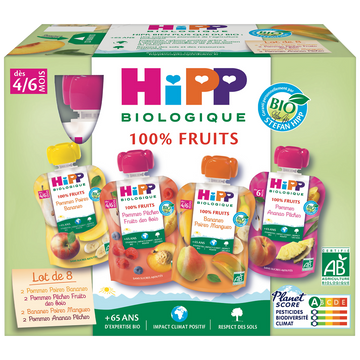 Gourde pommes poires bananes x2 /pommes pêches fruits des bois x2 /bananes poires mangues x2 /pommes ananas pêches x2 BIO dès 4/6 mois HIPP, 8x90g