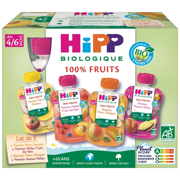 Gourde pommes poires bananes x2 /pommes pêches fruits des bois x2 /bananes poires mangues x2 /pommes ananas pêches x2 BIO dès 4/6 mois HIPP, 8x90g