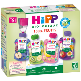 Purée de fruits et jus de fruits 4 variétés Bio HIPP, dès 6mois, 8x90g