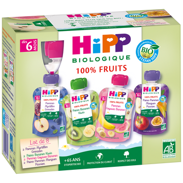Purée de fruits et jus de fruits 4 variétés Bio HIPP, dès 6mois, 8x90g