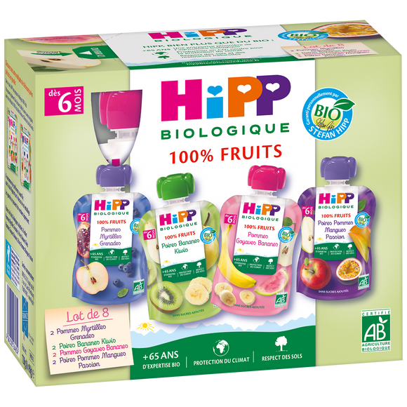Purée de fruits et jus de fruits 4 variétés Bio HIPP, dès 6mois, 8x90g